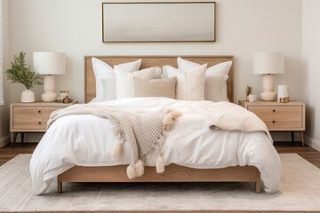 Stylish bedroom showcasing contemporary design with wooden furniture, neutral colors, and soft textiles, creating a cozy and inviting atmosphere