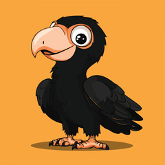 Cartoon Black Vulture With Big Eyes Standing On Orange Background Cute Bird Character Illustration