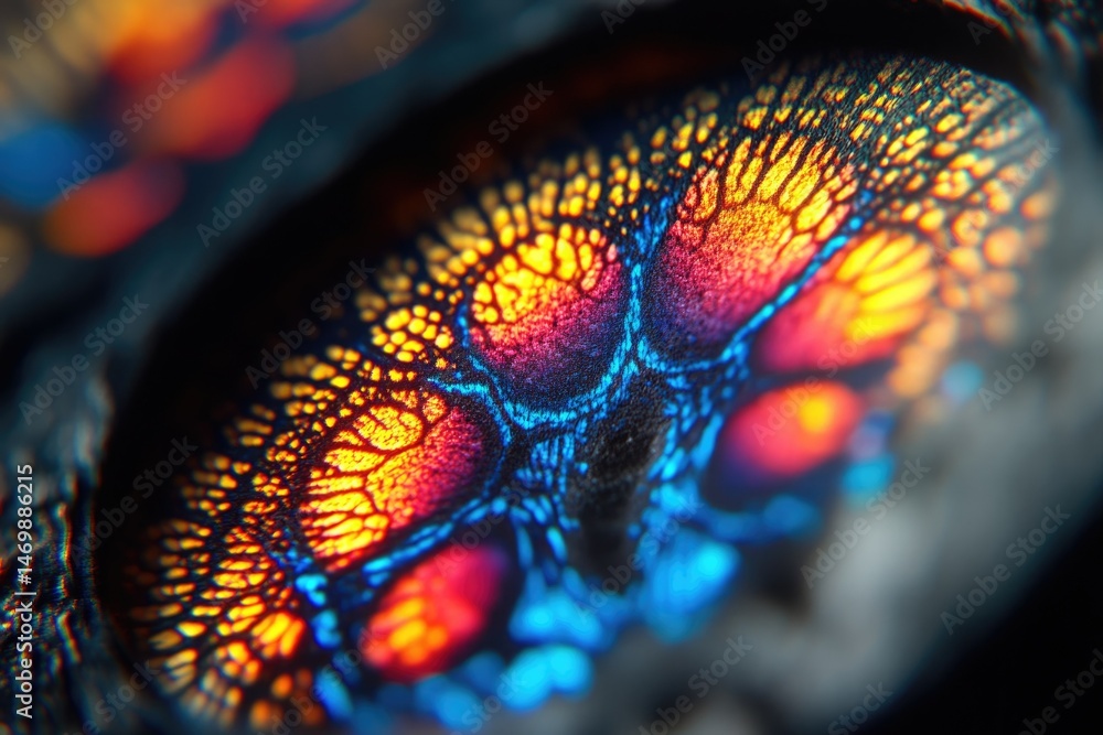 Poster microscopic view of vibrant, multicolored patterns resembling intricate, fractal-like structures.