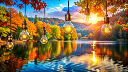 Image of light bulbs hanging from wires with a natural view of a forest and a lake
