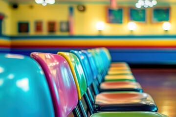 Colorful waiting area with rows of chairs