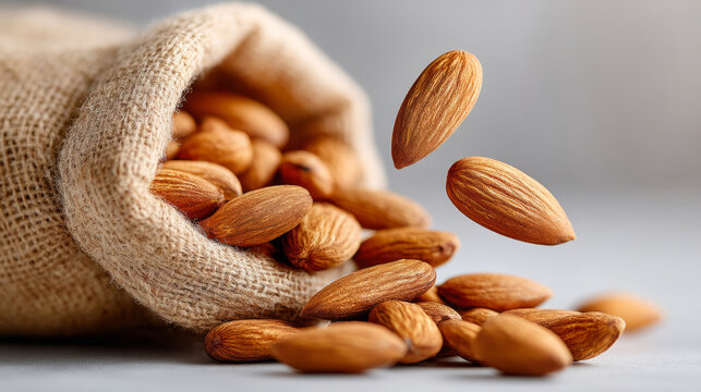 Fresh almonds pouring from a rustic sack in soft natural light for healthy eating concept