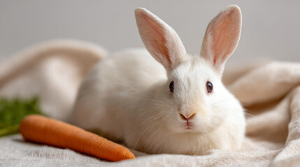 Obraz premium Fluffy white rabbit sitting on linen blanket with carrot, perfect for easter decorations