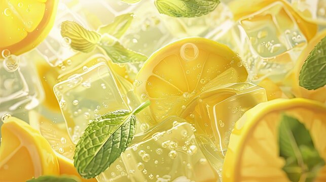 Close up of lemon slices and mint leaves with ice cubes creating a refreshing summer drink look