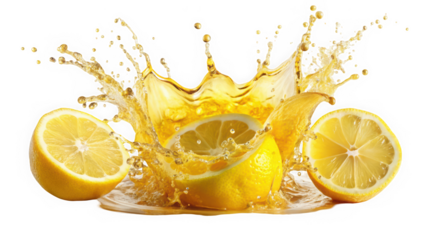 A vibrant splash of lemon juice surrounds halved lemons, capturing freshness and zest. This dynamic composition highlights the juicy essence of citrus fruit.
