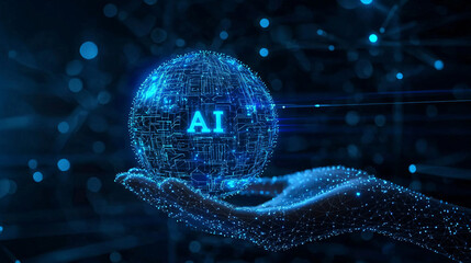 Abstract vector of hand holding glowing blue AI hologram circle. Futuristic digital and tech concept.

