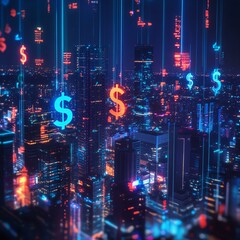 Obraz premium A vibrant cityscape showcasing digital currency symbols in a futuristic setting.