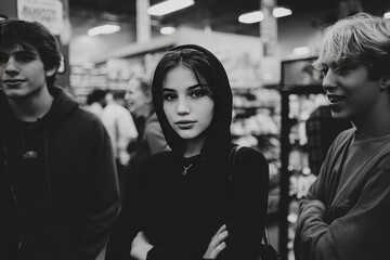Grayscale indoor portrait of three young people.