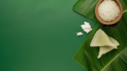 Zongzi and Steamed Rice Dumplings on Green Table Background: Dragon Boat Festival Duanwu Concept, Close-Up, Copy Space, Top View, Flat Lay