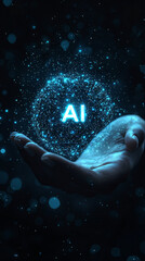 Fototapeta premium Abstract vector of hand holding glowing blue AI hologram circle. Futuristic digital and tech concept.