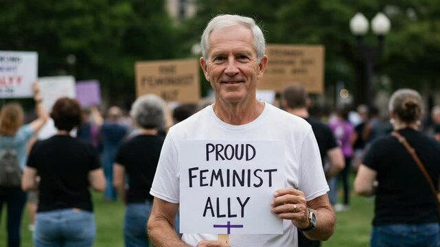 Senior Male Ally at Feminist Rally Holding Sign Reading 'Proud Feminist Ally', Promoting Gender Equality and Social Justice in Public Space During Protest