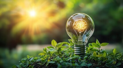 A light bulb with a glowing brain inside, placed on a green plant in a natural setting with sunlight shining through the leaves.