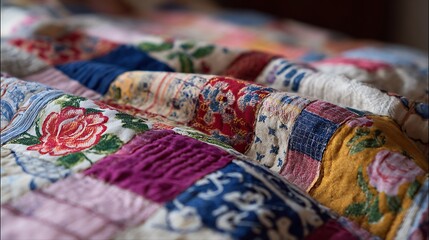 Fototapeta premium Colorful patchwork quilt with floral patterns