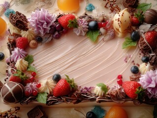 Invitation frame as a rectangular cake top. Large light pink background