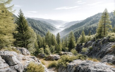 Scenic mountain landscape with sparse trees on the slope under clear daylight sky.