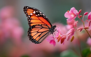Fototapeta premium Close-up of a butterfly perched on a vibrant flower in natural daylight with blurred green background.