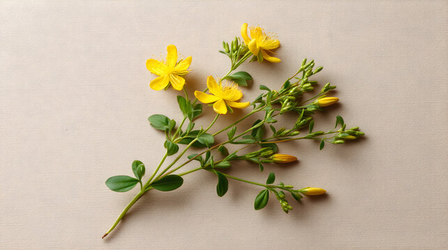 Sprig of st. John's wort featuring vibrant yellow blossoms and closed buds, resting on a neutral toned backdrop, creating a simple yet elegant composition