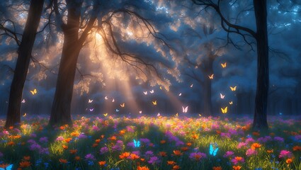 Obraz premium Butterflies Flying in Dreamy Forest Clearing with Colorful Wildflowers and Sunlight