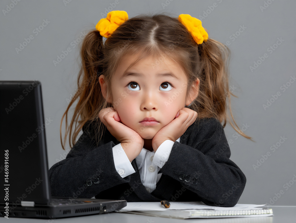 Aufkleber an image of a japanese student with a notebook and a laptop, looking up thoughtfully, symbolizing th