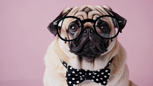 Adorable pug in glasses and bow tie against colorful backgrounds with playful expressions