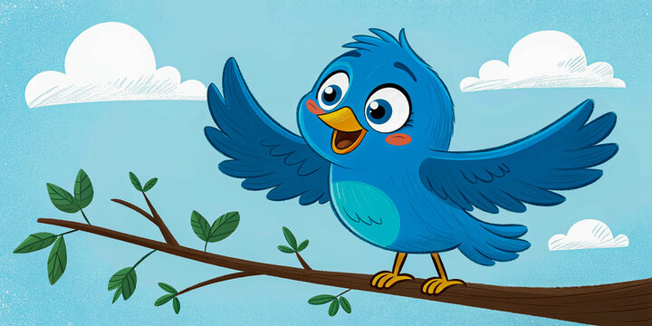 Joyful Blue Bird in Nature: A Charming Cartoon Illustration