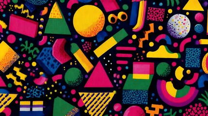 Colorful shapes float in a dark background