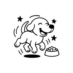 A dog joyfully spinning with excitement near a food bowl, ears flopping and body mid-motion.