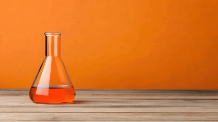 Amber Liquid in Glass Flask on Wooden Table Against Orange Background