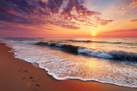 Vibrant sunset over ocean waves crashing onto sandy beach with clear sky and warm colors.