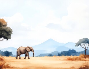 Fototapeta premium Solitary Elephant in Savanna: An elephant gracefully traverses the vast savanna landscape, with rolling hills and a wide, expansive sky that embodies serenity.