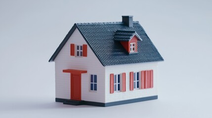 A white and red toy house with a black roof and chimney, placed on a white background with a blue sky.
