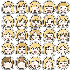Fototapeta premium Collection Of Cute Blonde Haired Girl Faces With Different Expressions Stickers