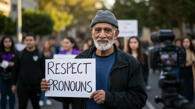 Elderly Man Holds Sign at Protest Advocating for Respect of Pronouns in Urban Setting, Surrounded by Diverse Group of Supporters
