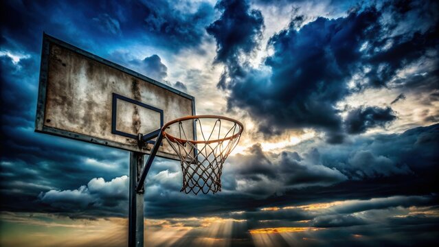 A weathered basketball hoop silhouetted against a dramatic sunset sky, showcasing vibrant colors and textured clouds, evoking a sense of adventure and the thrill of the game.