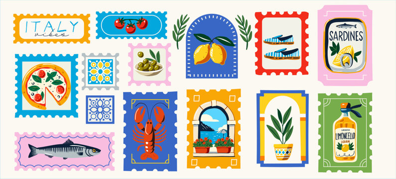 Vector set of Mediterranean food and vacation elements in colorful stamp shapes: lemon, pizza, fish, olives, sea view, window, potted plant, tomato, tile, abstract seafood, ideal for prints and cards