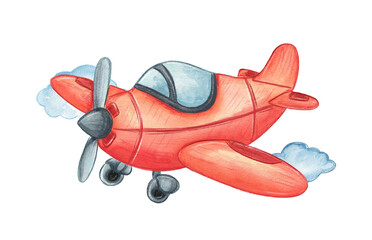 Cute watercolor illustration of a red airplane flying amidst fluffy clouds in a clear blue sky