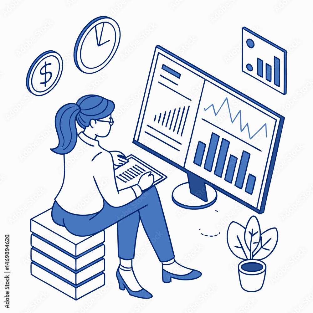 Poster businesswoman analyzing financial data on computer screen with charts and graphs.