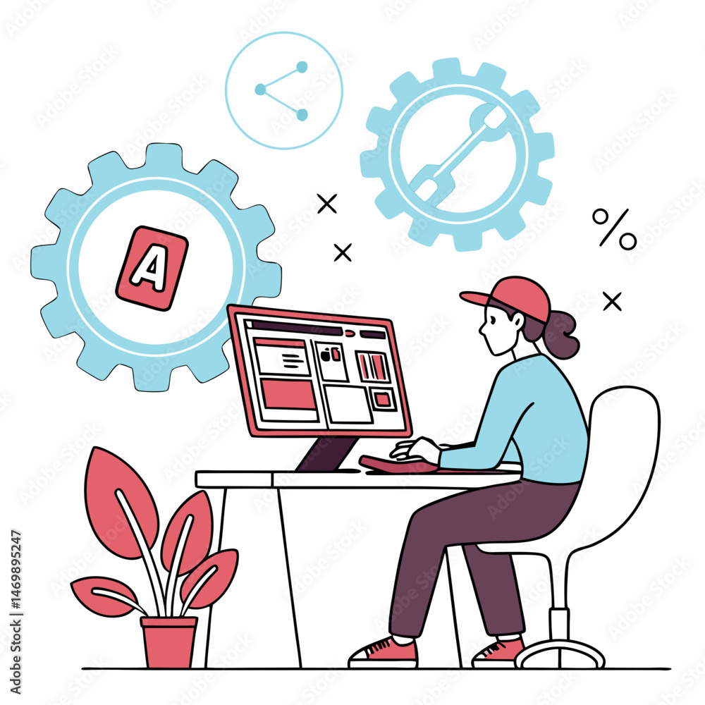 Poster graphic designer working on a computer illustrating creative website development