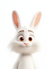 Fototapeta premium 3D cartoon cute white rabbit with big ears and bright eyes smiling joyfully on white background