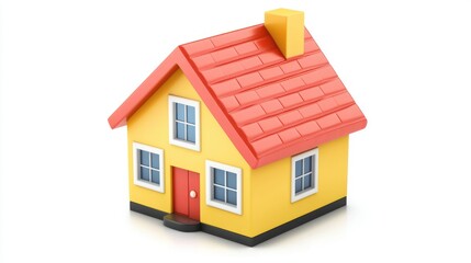 Fototapeta premium A yellow and red house with a red roof and white trim, placed on a white background with a shadow cast on the ground.