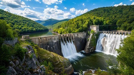 Fototapeta premium Heavy water forcefully splashing out from a hydroelectric dam, demonstrating the power of water and the functionality of the dam in generating electricity, with a focus on the dynamic water flow.