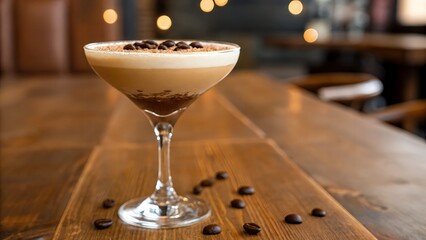 A coffee cocktail in a martini glass with coffee beans on a wooden surface top