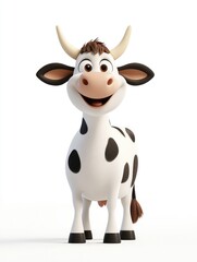 3D cartoon happy cow with black spots smiling and standing cheerfully on white background