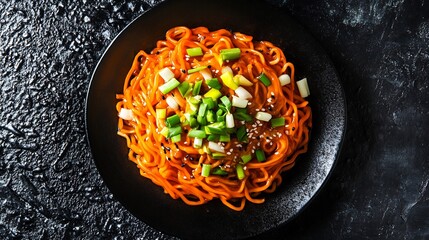 Chinese Beijing sweet bean sauce noodles with scallions and garlic served on a black textured surface a classic noodle dish from northern China cut out on isolated transparent removed background