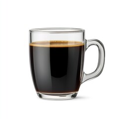 Freshly brewed black coffee in a glass cup on white background