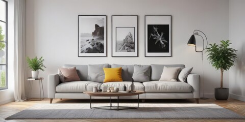 Fototapeta premium Grey couch, white wall, stylish posters Gallery wall, modern living room , space, minimalist, atmosphere