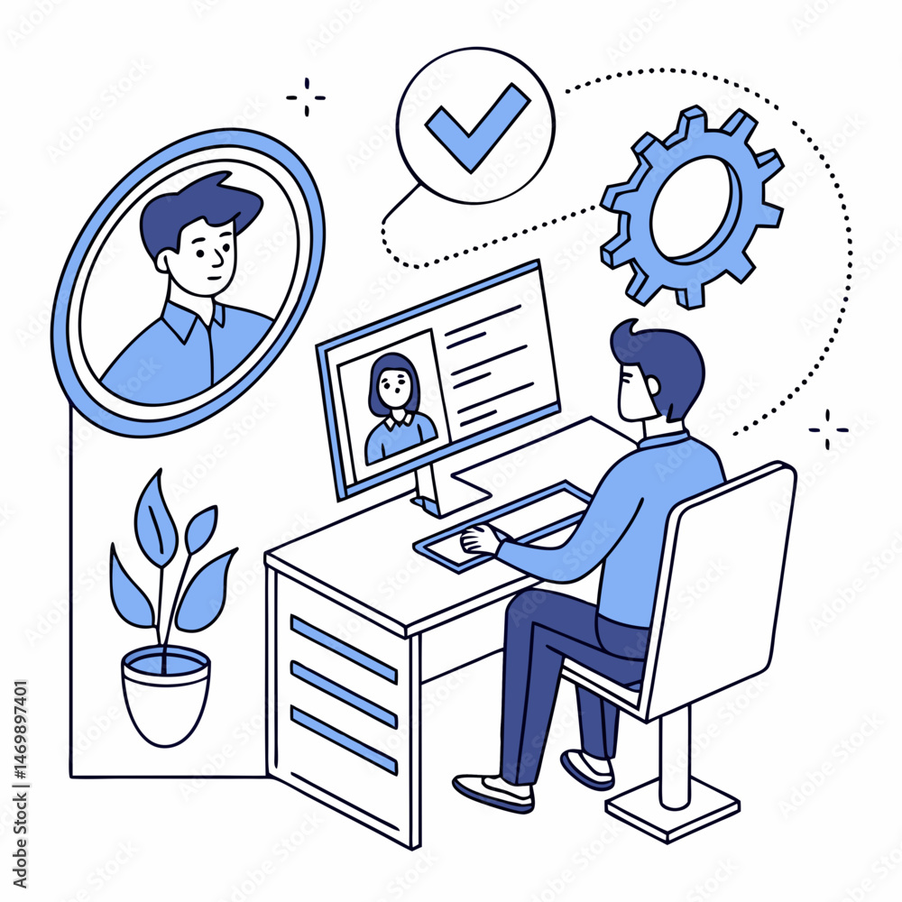 Poster man at desk with computer working on recruitment and employment process