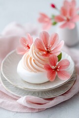 Delicate dessert featuring a creamy meringue topped with soft pink flowers, elegantly arranged on a decorative plate with a pastel cloth in a serene setting