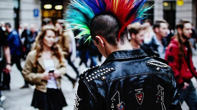 Vibrant punk in motion: colorful mohawk stands out in bustling urban crowd