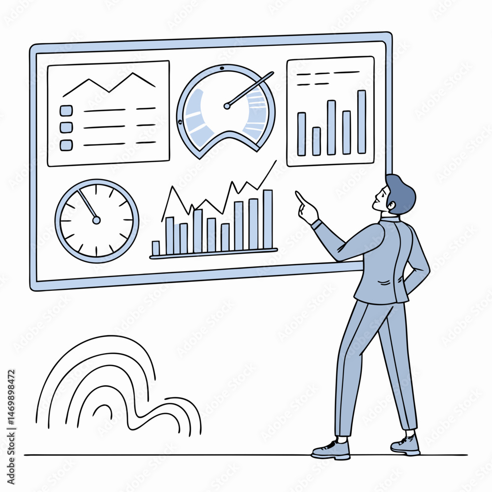 Poster businessman analyzing dashboard data charts and graphs for business development